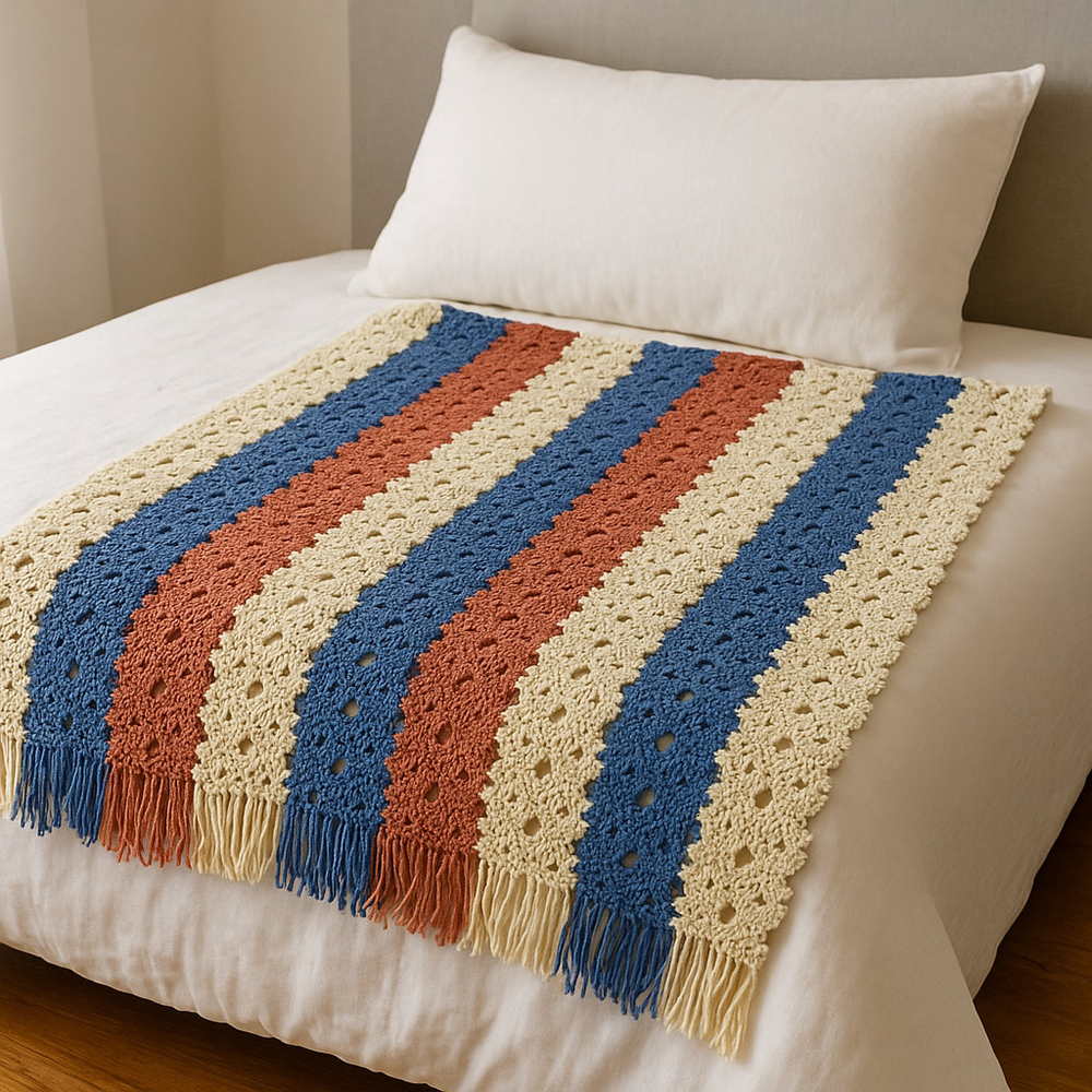 Handmade Crochet Afghan Blanket Multicolor Striped Fringe 
W 50” X L 52”
